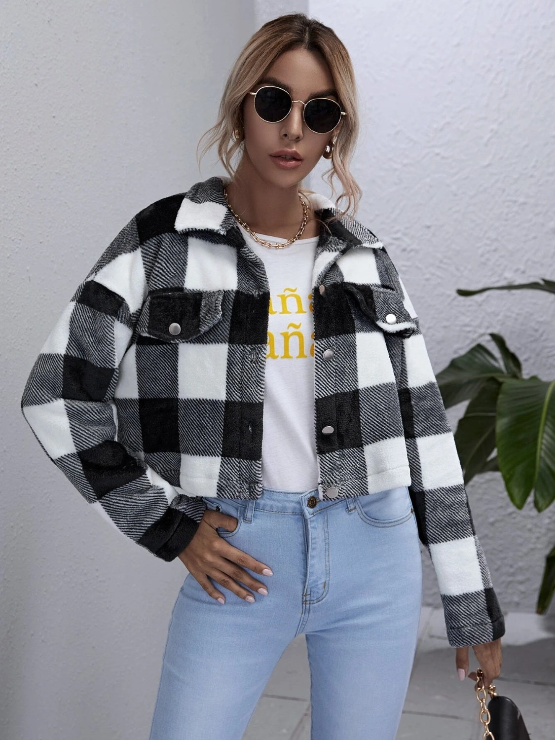 Plaid Button Down Collared Jacket | Casual Cropped Polyester Jacket With Pockets