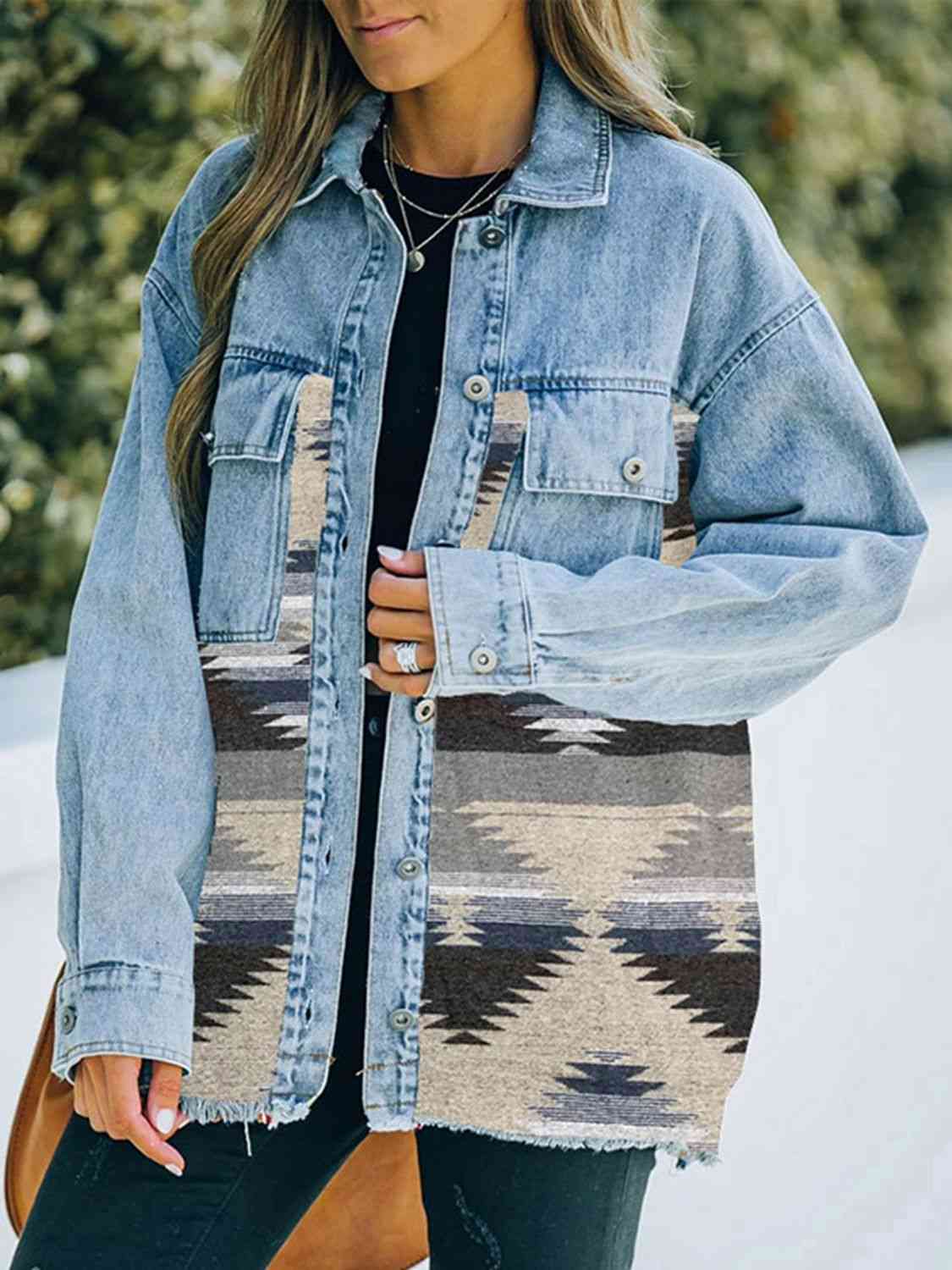 Collared Neck Dropped Shoulder Denim Jacket | Buttoned Jacket With Pockets