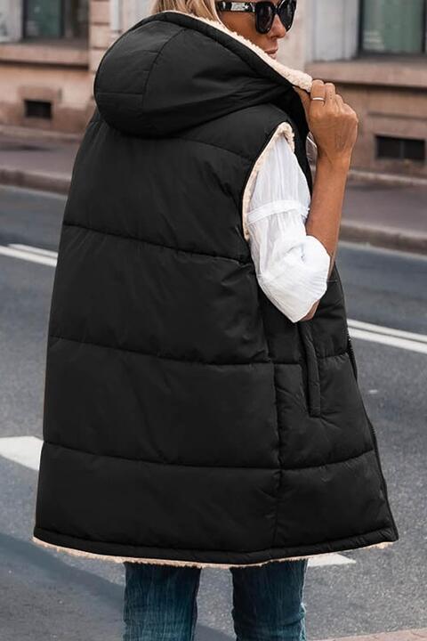 Zip-Up Longline Hooded Vest | Sleeveless Polyester Vest With Side Pockets