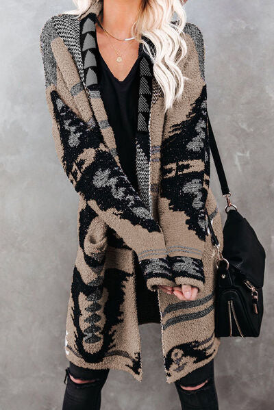 Geometric Open Front Pocketed Cardigan | Acrylic Cardigan With Single Button