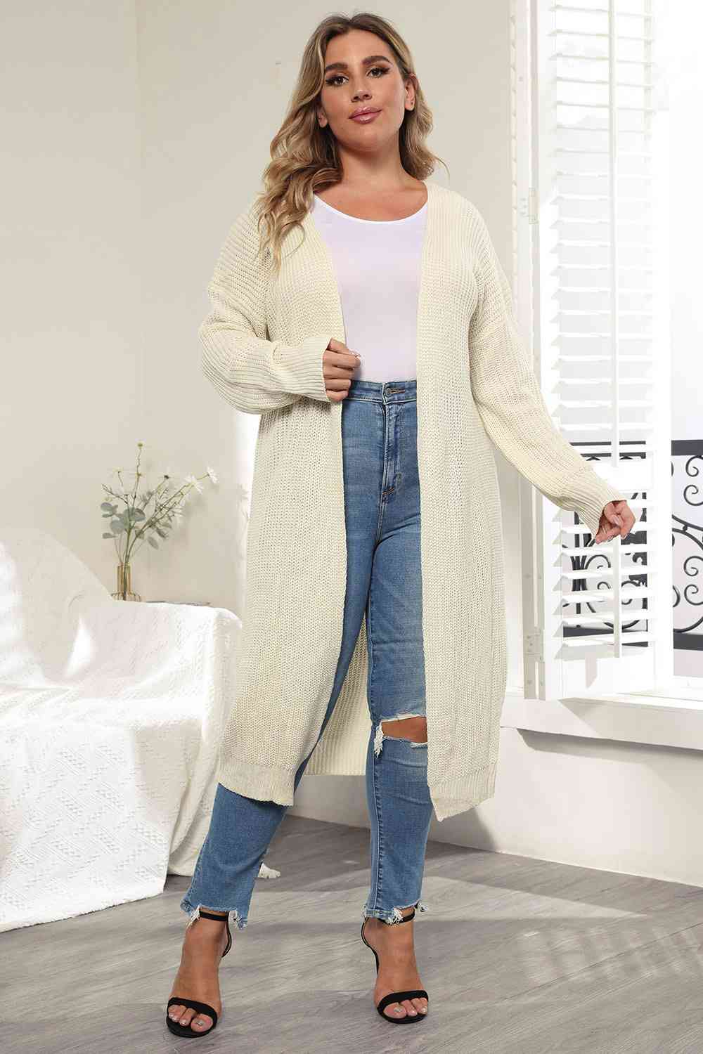 Plus Size Open Front Long Sleeve Cardigan | Casual Solid Long Acrylic Cardigan