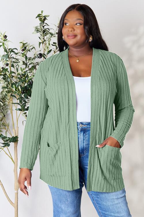 Basic Bae Full Size Ribbed Open Front Cardigan with Pockets |Casual Cardigan