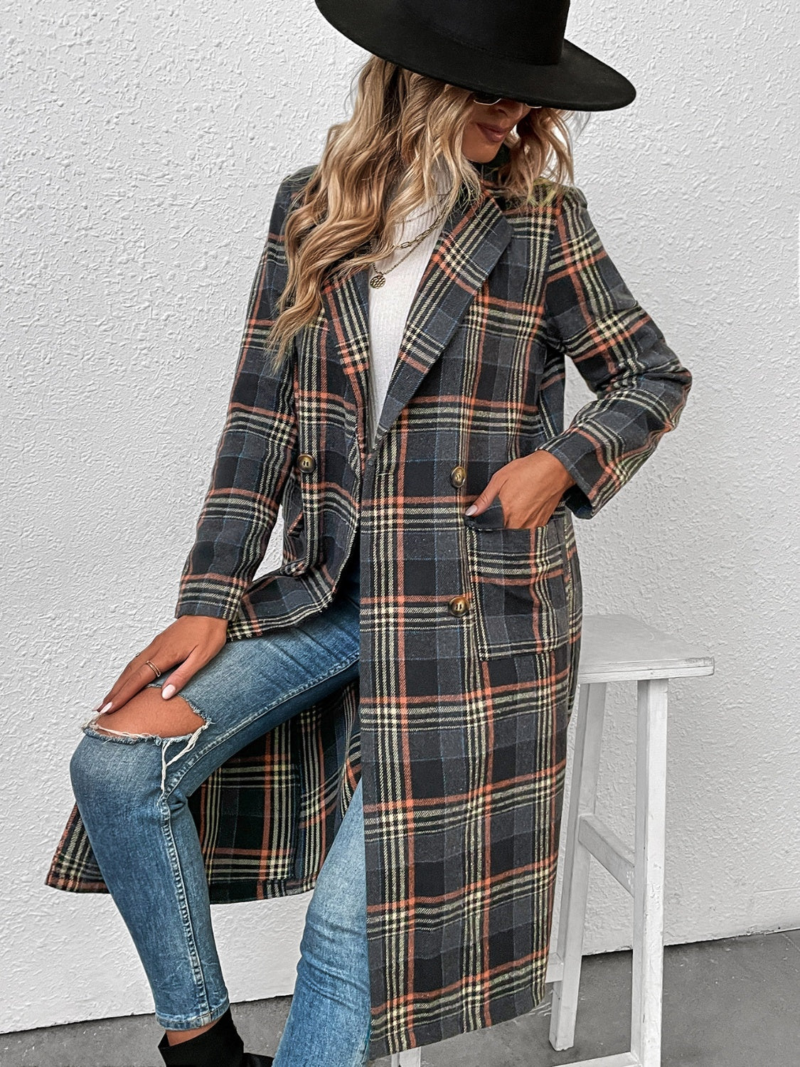 Plaid Lapel Collar Trench Coat