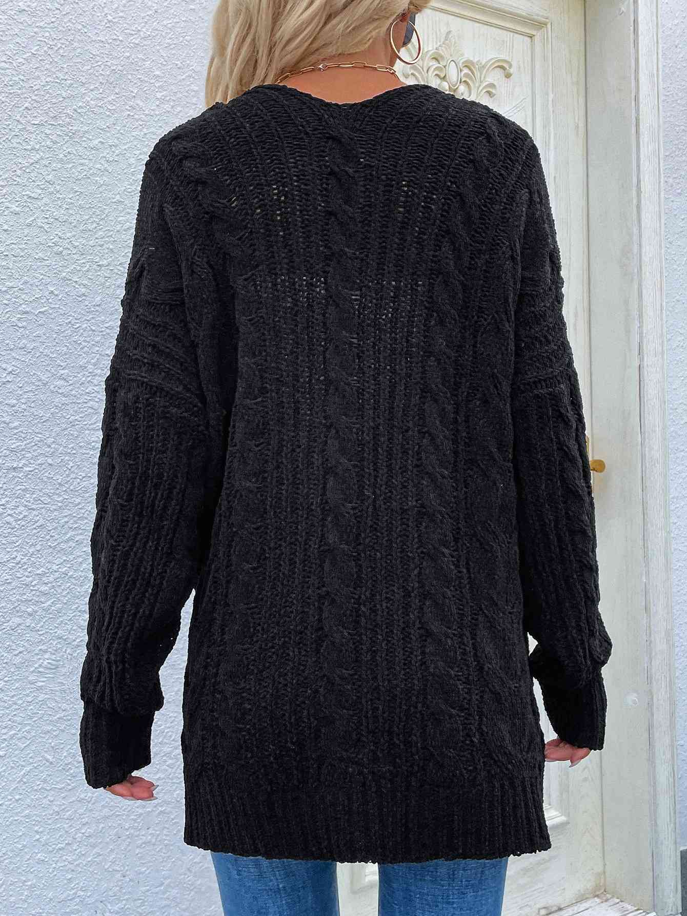 Woven Right Cable-Knit Open Front Cardigan with Front | Pockets Acrylic Cardigan