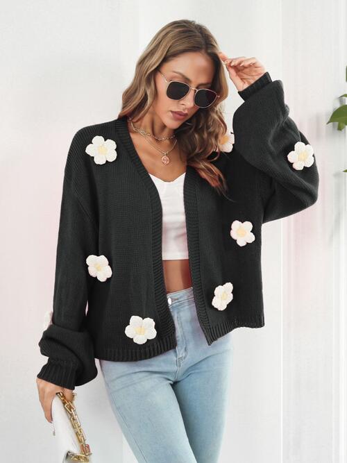 Floral Open Front Long Sleeve Cardigan | Ribbed Cuffs & Hem Acrylic Cardigan