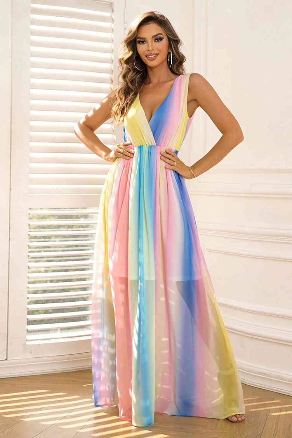 Surplice Neck Sleeveless Maxi Dress | Formal Prom Multicolor Polyester Dress