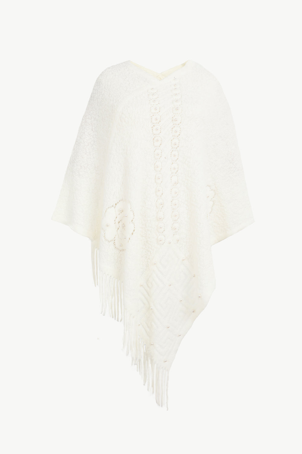 Pearl Trim Fringe Hem Poncho | Casual Solid Woman's Stretchy Acrylic Poncho