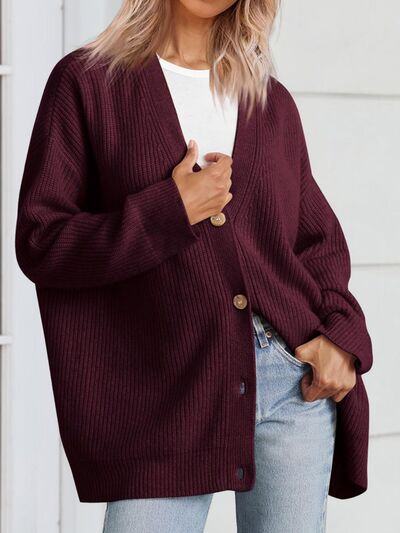 Button Up Long Sleeve Cardigan | Casual Drop Shoulder Polyester Cardigan