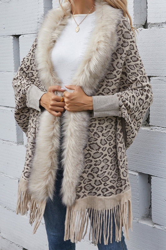 Leopard Fringe Detail Poncho | Faux Fur Trim Acrylic Poncho With Long Sleeves