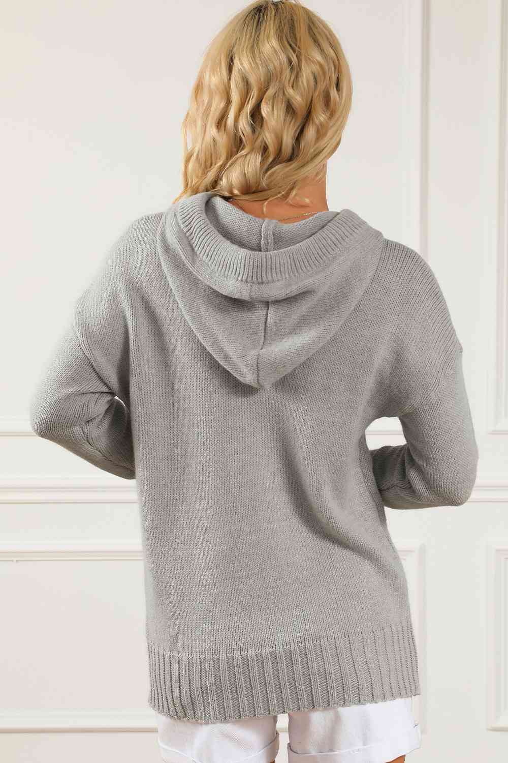 Drawstring Hooded Sweater with Pocket | Casual Polyester Sweater With Ribbed Hem