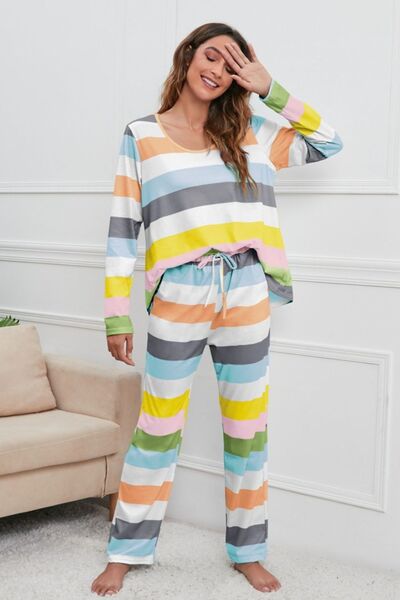 Striped Round Neck Long Sleeve Top and Drawstring Pants Lounge Set | Cotton Set