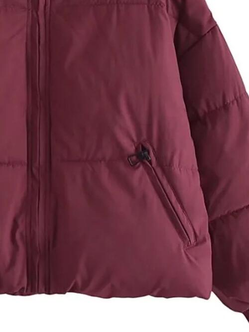 Zip Up Drawstring Winter Coat with Pockets | Polyester Coat With High Neckline