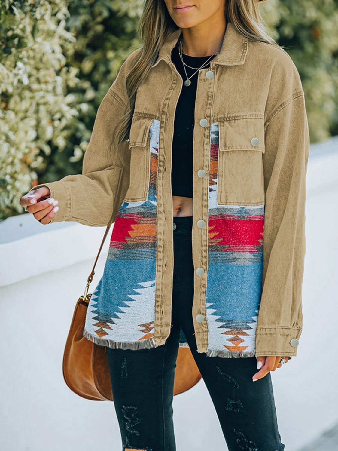 Dropped Shoulder Long Sleeve Printed Denim Jacket | Jacket With Collar Neckline