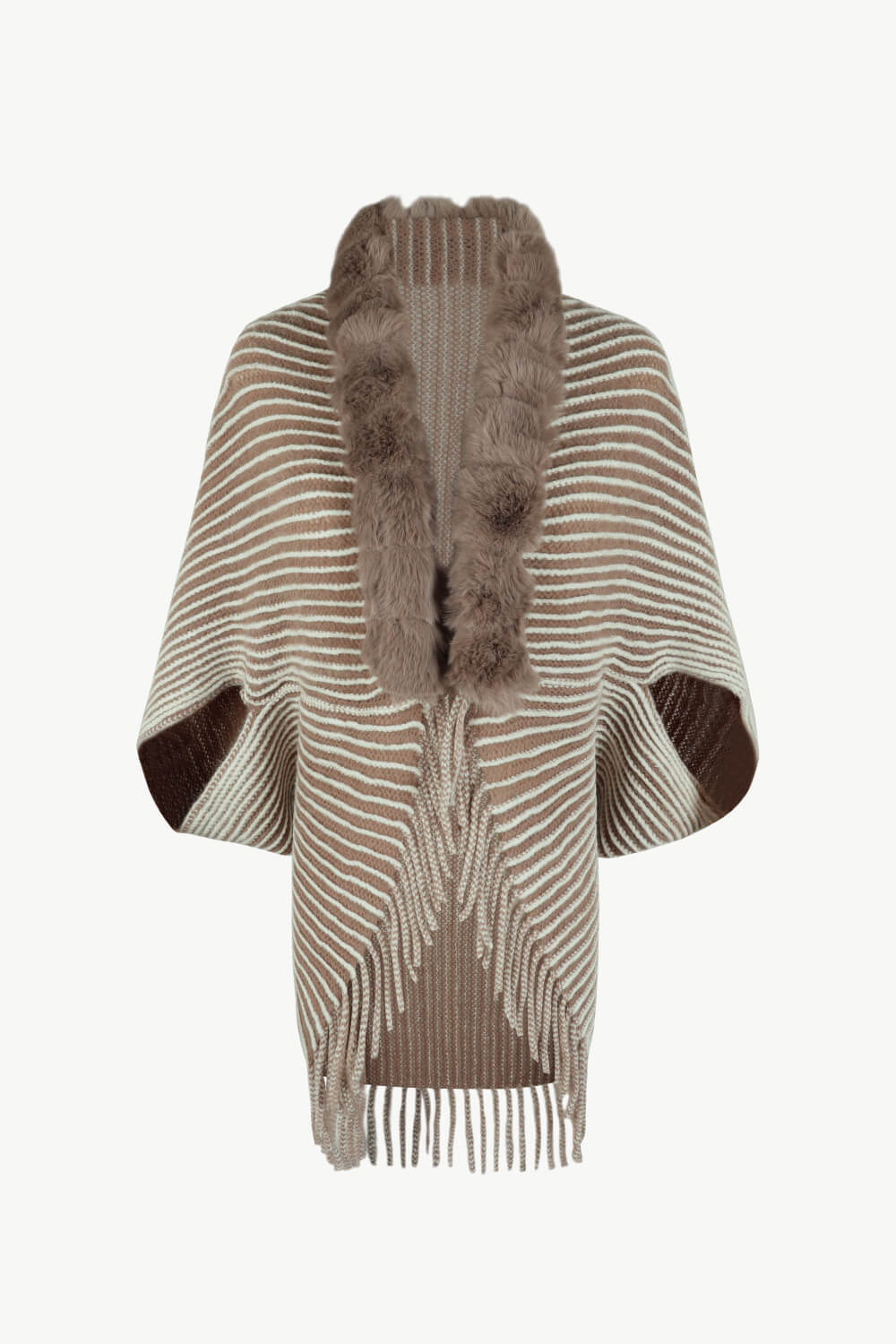 Striped Open Front Fringe Poncho | Casual Woman's Stretchy Polyester Poncho