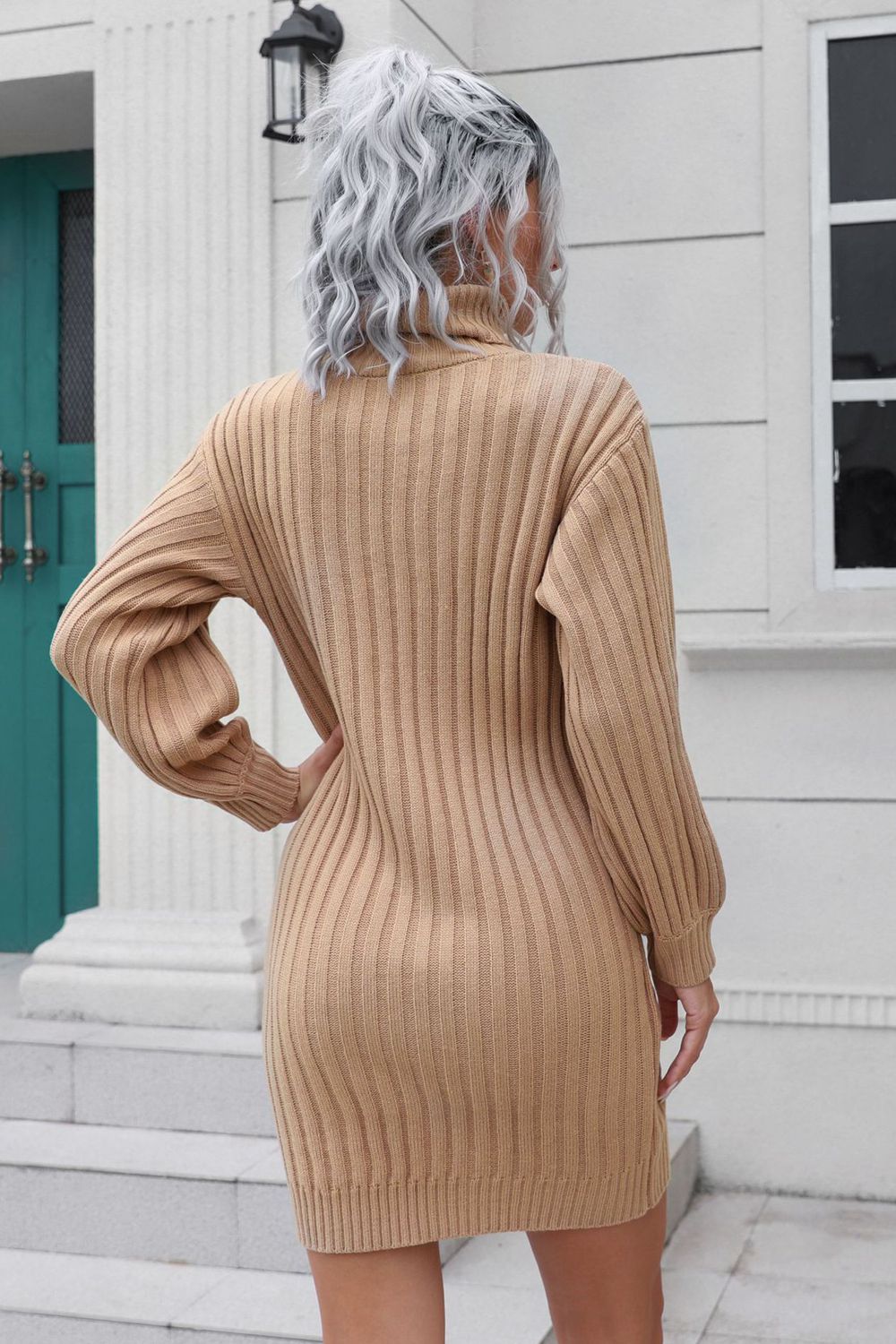 Ribbed Turtle Neck Long Sleeve Mini Sweater Dress | Solid Acrylic Sweater Dress