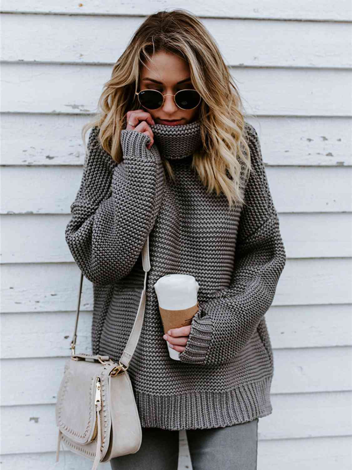 Turtleneck Dropped Shoulder Slit Sweater | Fashionable Knitted Acrylic Sweater