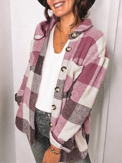 Plaid Pocketed Dropped Shoulder Button Up Jacket |Casual Collared Jacket