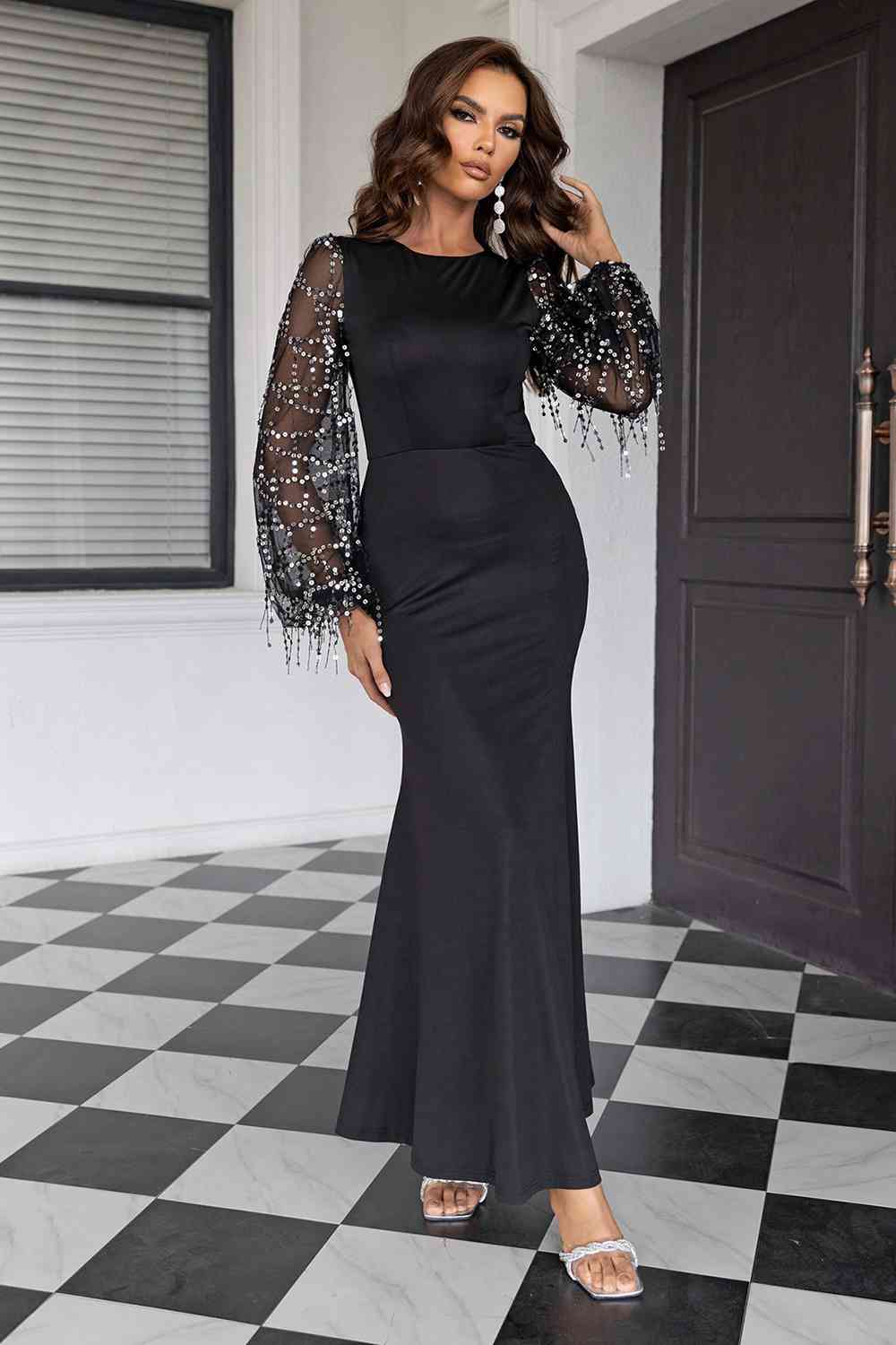 Sequin Round Neck Maxi Dress | Formal Solid Sheath Dress With Sequins Sleeves