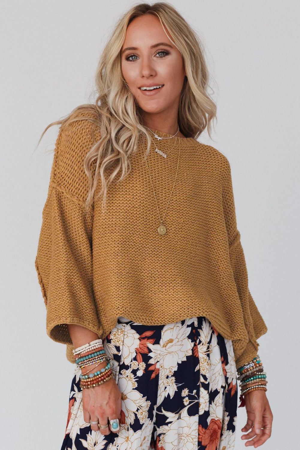 Round Neck Dropped Shoulder Sweater | Casual Cotton Sweater With 3\4 Sleeves