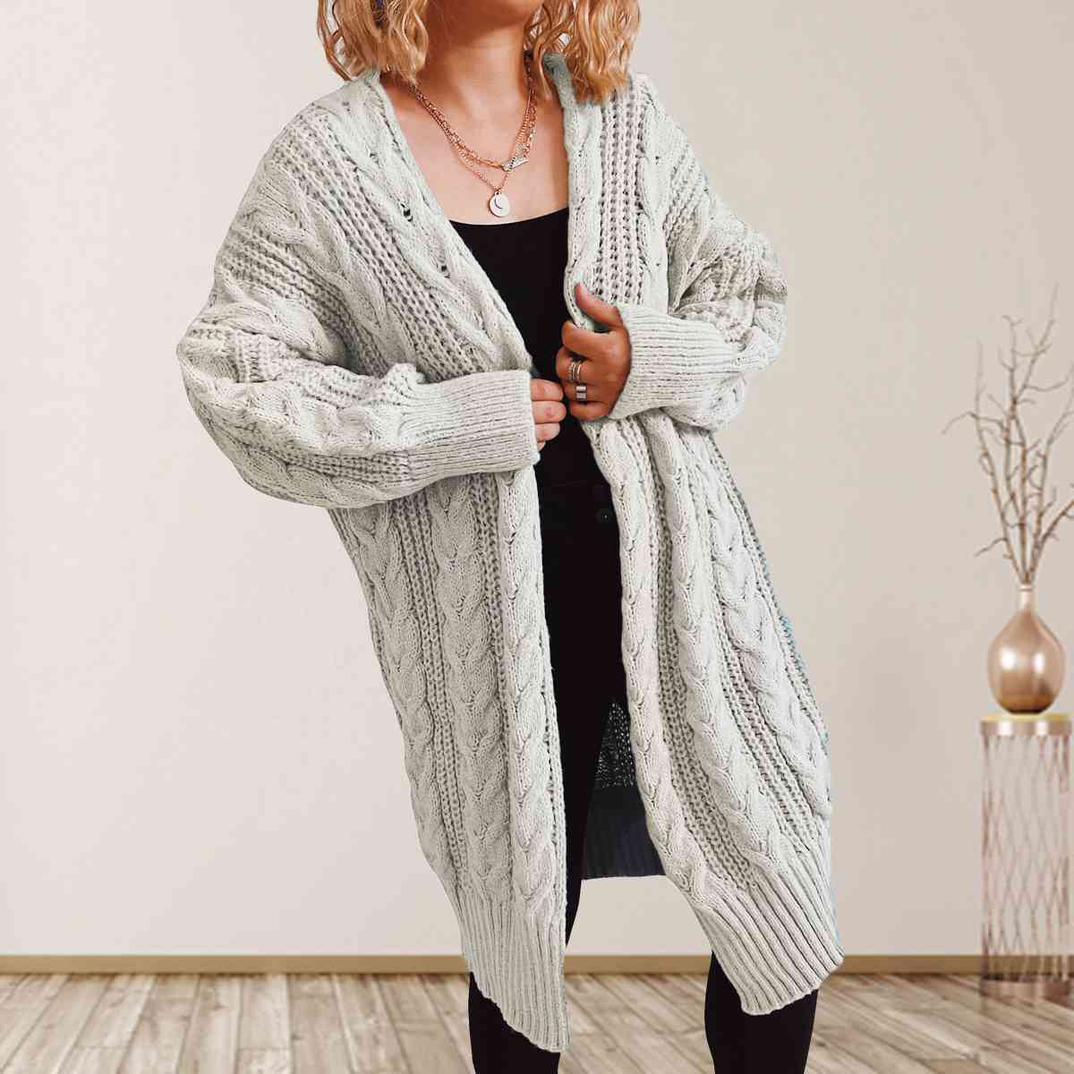 Cable-Knit Open Front Dropped Shoulder Cardigan | Warm Cardigan With Ribbed Hem