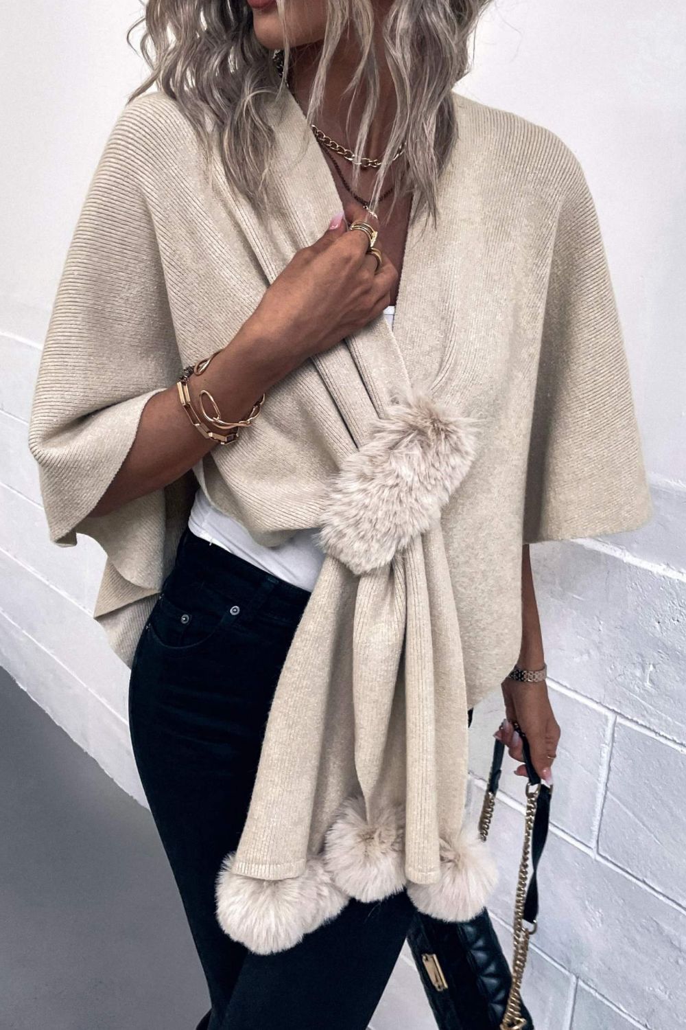 Surplice Neck Pom-Pom Trim Poncho | Casual Solid Stretchy Polyester Poncho