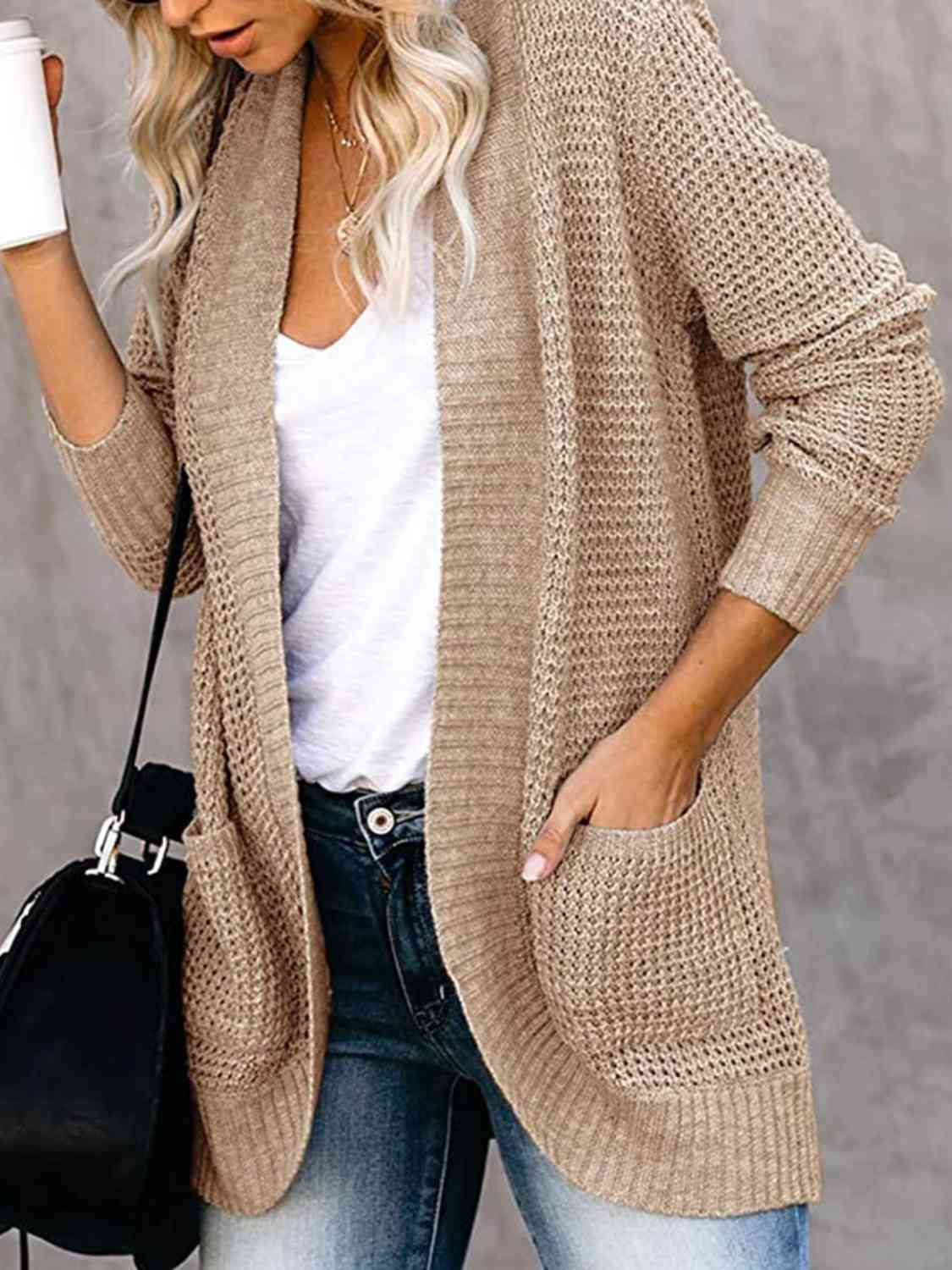 Open Front Long Sleeve Cardigan | Casual Polyester Cardigan With Side Pockets
