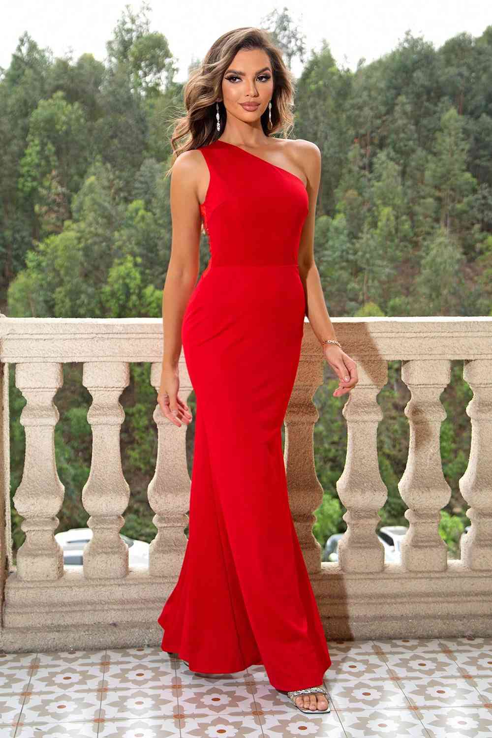 One-Shoulder Sleeveless Maxi Dress | Formal Solid Gown With Sheer Sequin Back