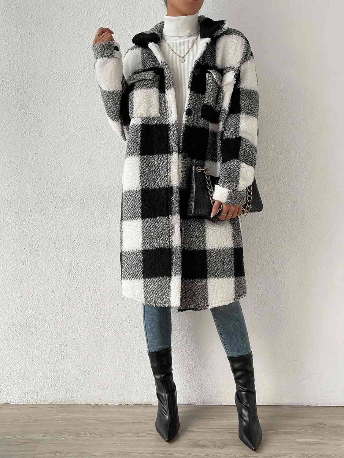 Plaid Collared Neck Button Down Coat | Casual Polyester Coat With Chest Pockets