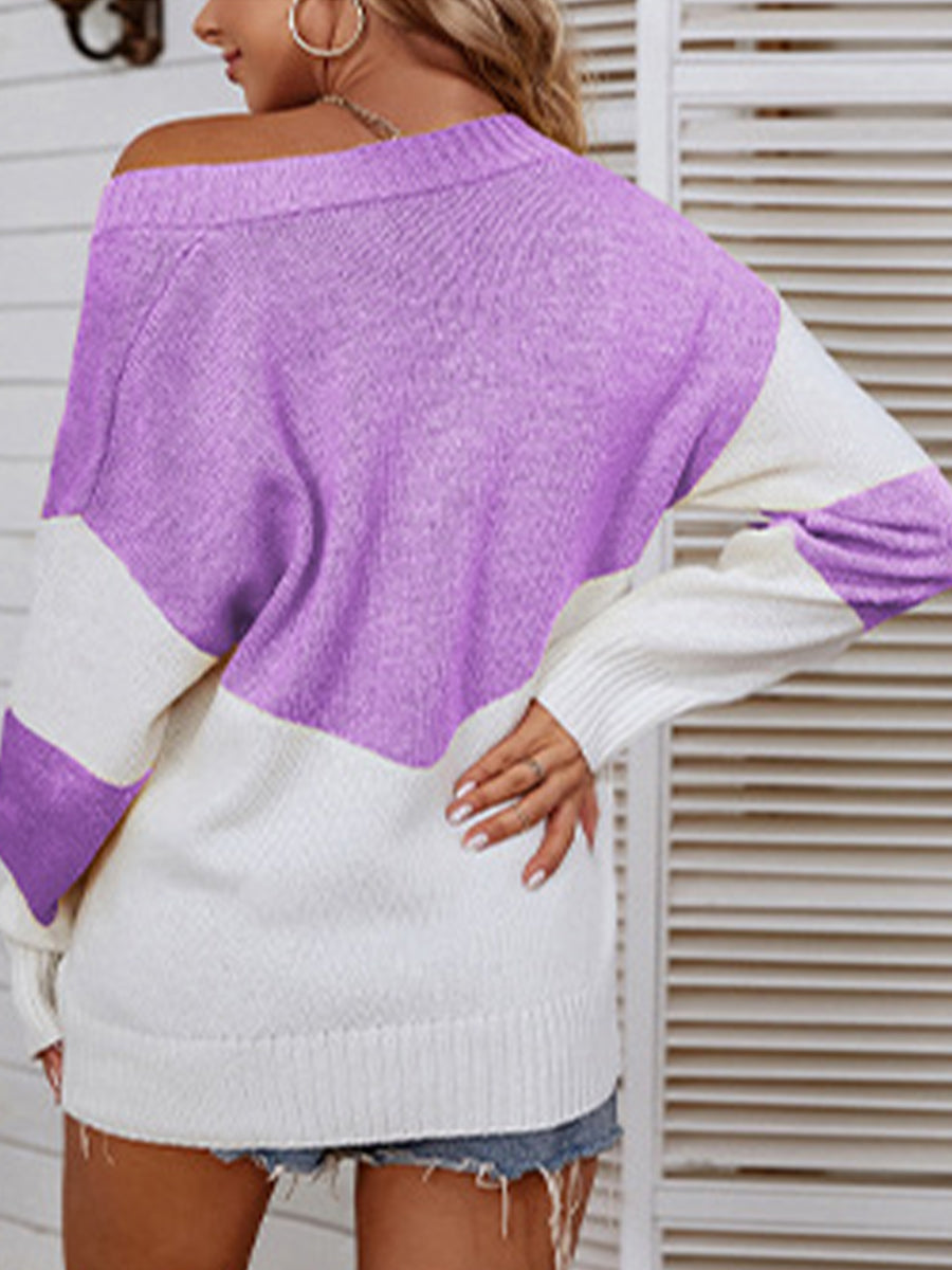 Color Block V-Neck Sweater | Casual Sweater With Ribbed Sleeves And Hem