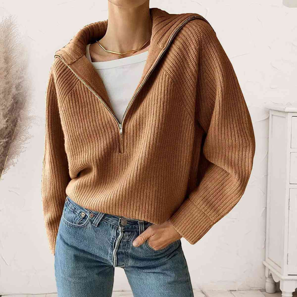 HaIf Zip Long Sleeve Knit Top | Acrylic Casual Top With Long Cuffed Sleeves