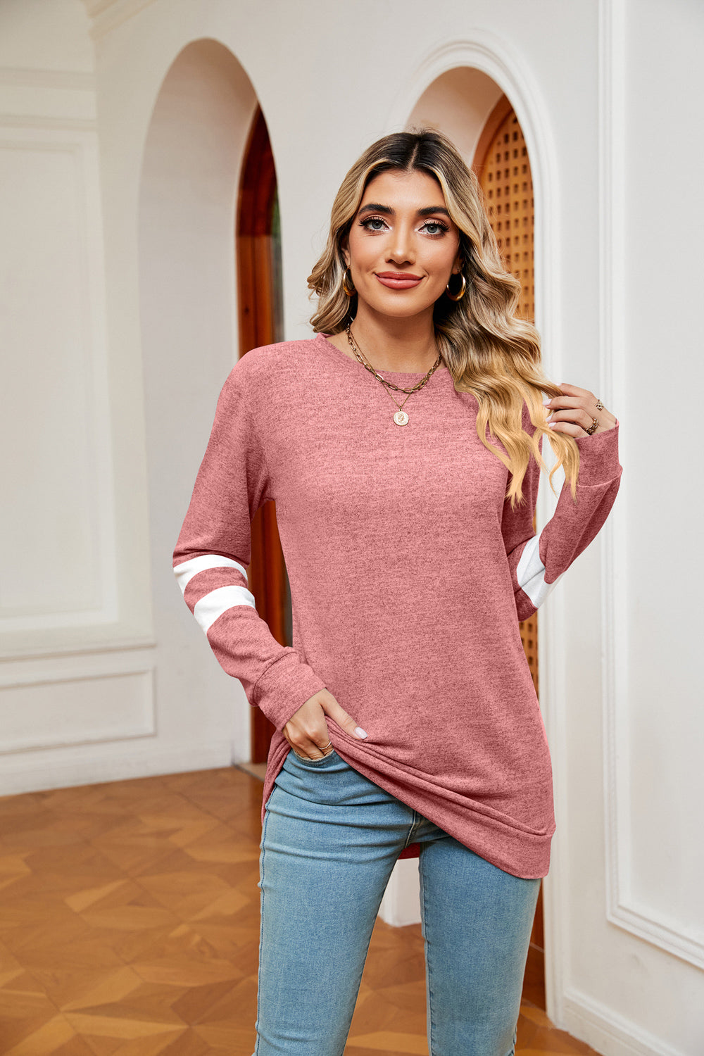 Round Neck Long Sleeve Top | Casual Stretchy Woman's Top With Cuffed Sleeves