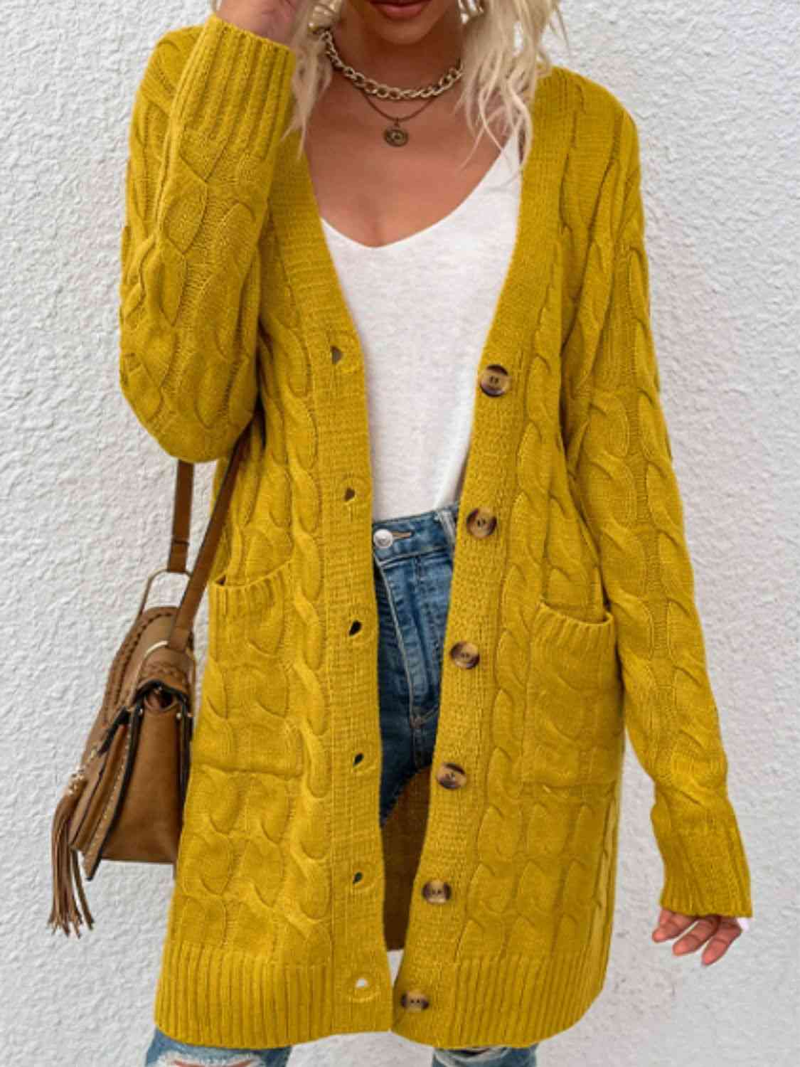 Cable-Knit Button Down Cardigan with Pockets | Cardigan With Ribbed Details