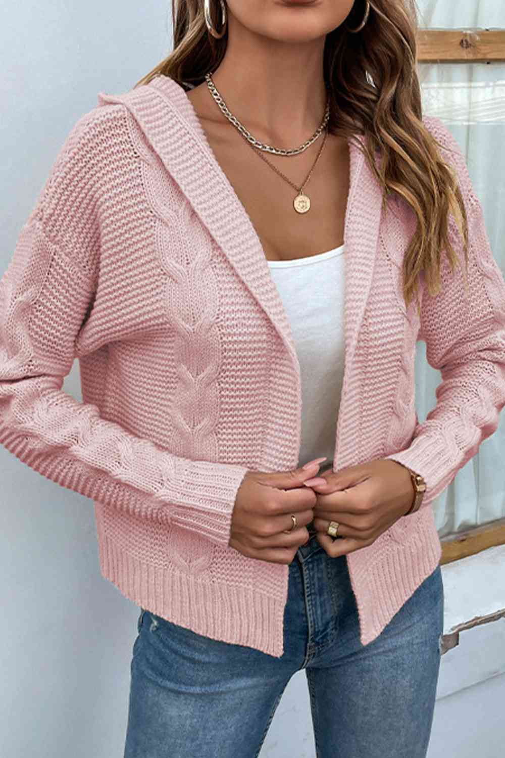 Cable-Knit Dropped Shoulder Hooded Cardigan | Casual Solid Ribbed Cardigan