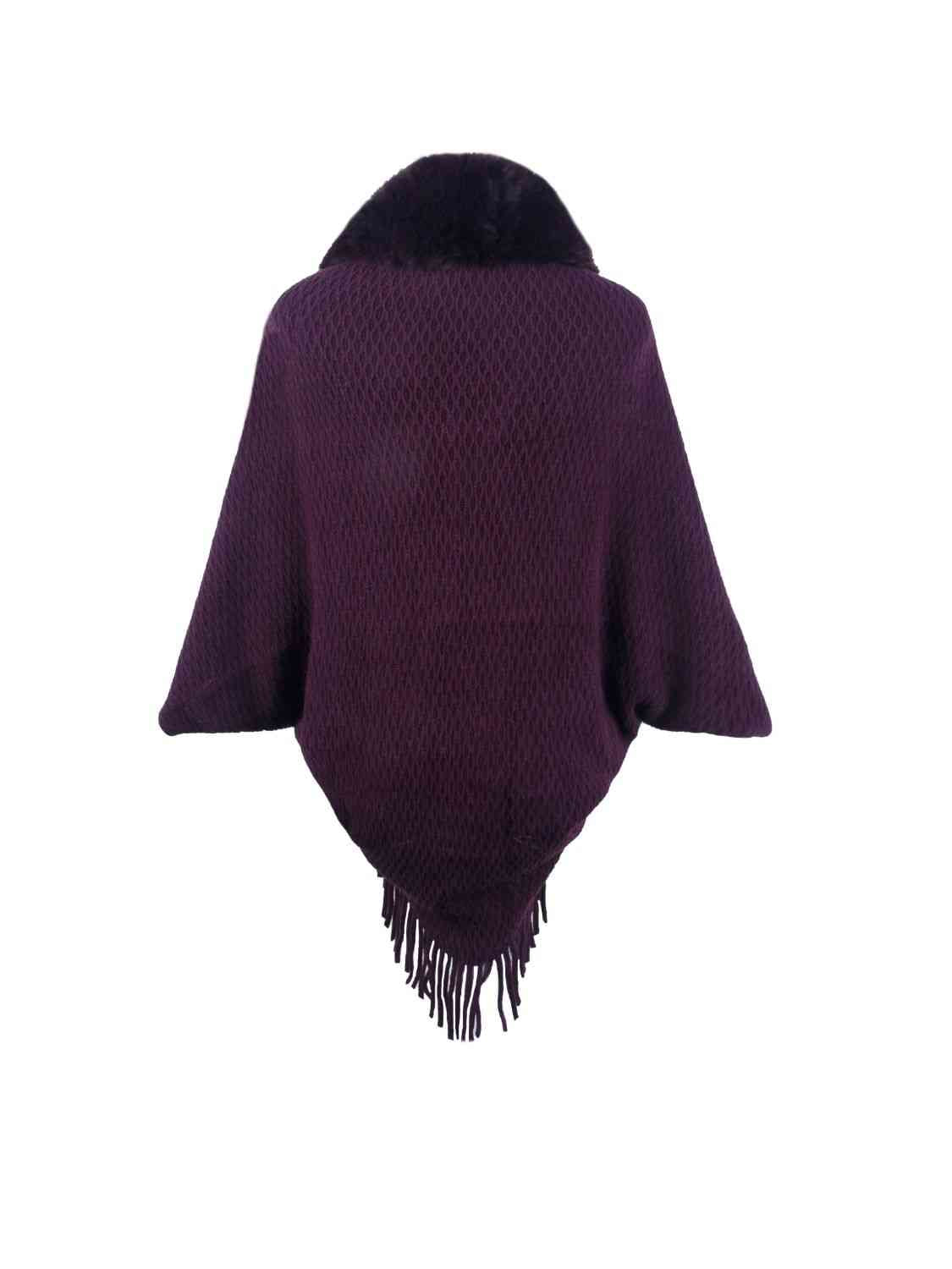 Open Front Fringe Hem Poncho | Casual Solid Fur Stretchy Polyester Poncho