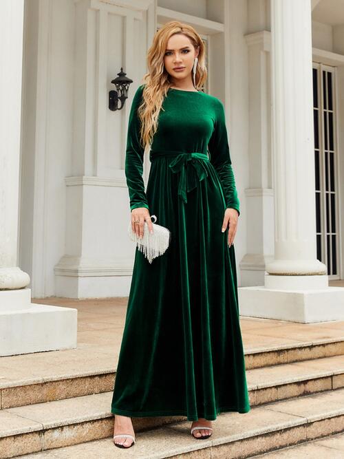 Tie Front Round Neck Long Sleeve Maxi Dress | Evening Solid Polyester Dress