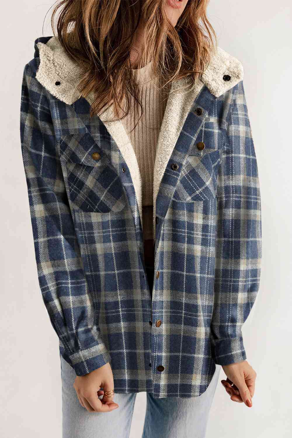 Plaid Snap Down Hooded Jacket | Casual Pocketed Jacket With Long Sleeves