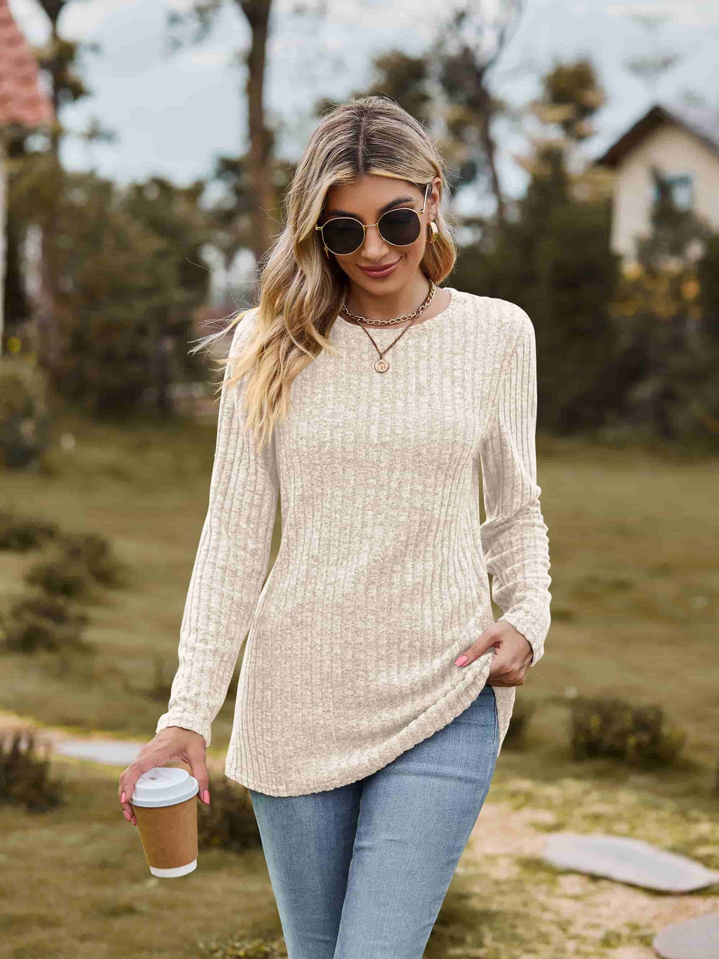 Ribbed Round Neck Long Sleeve Tee | Casual Heathered Solid Polyester Top