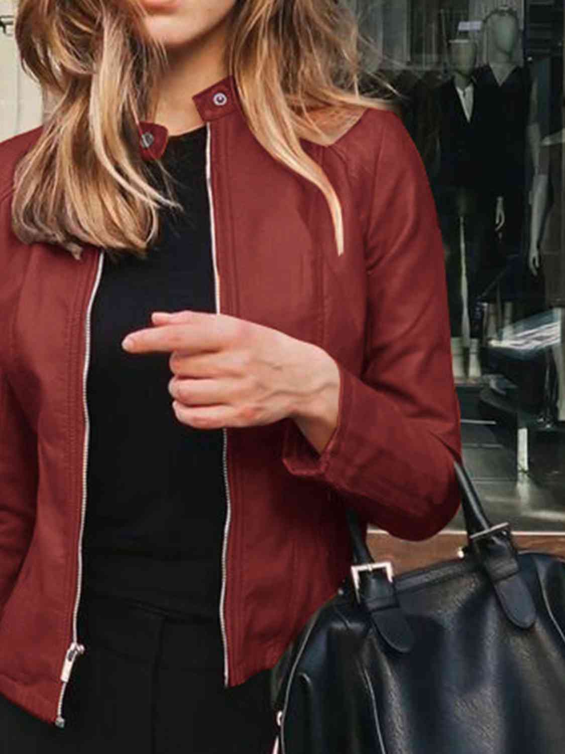 Mock Neck Zip Up Jacket | Casual Woman's Solid Polyester Spandex Jacket