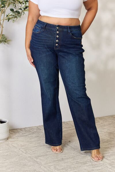 Judy Blue Full Size Button-Fly Straight Jeans | Woman's Cotton Pocketed Jeans