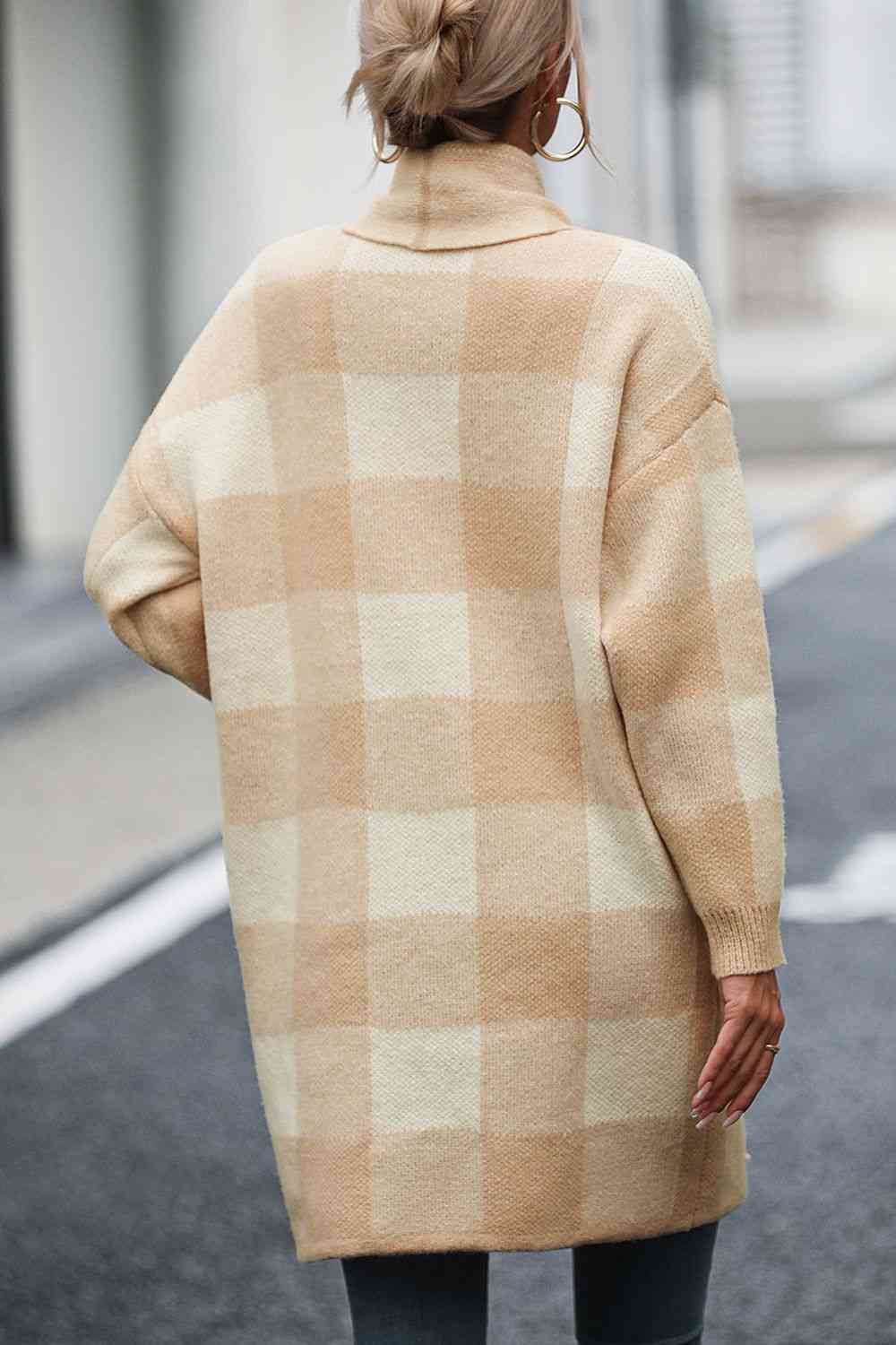 Plaid Dropped Shoulder Cardigan with Pocket | Checkered Open Frond Cardigan