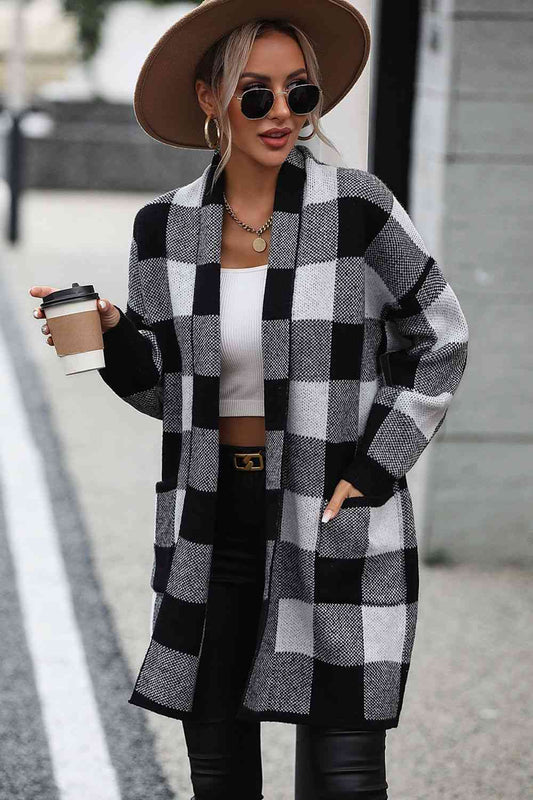 Plaid Dropped Shoulder Cardigan with Pocket | Checkered Open Frond Cardigan