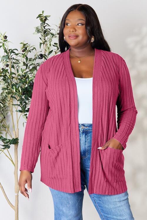 Basic Bae Full Size Ribbed Open Front Cardigan with Pockets |Casual Cardigan