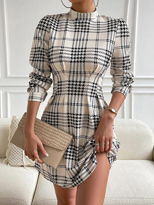 Houndstooth Mock Neck Cinched Mini Dress | Formal Ruched Mini Polyester Dress