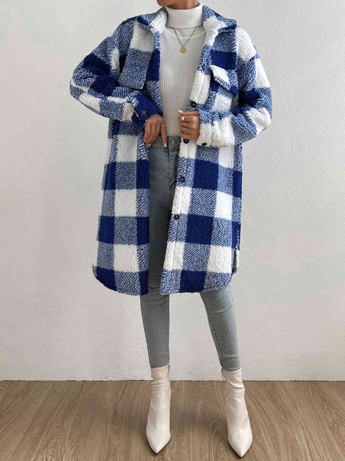 Plaid Collared Neck Button Down Coat | Casual Polyester Coat With Chest Pockets