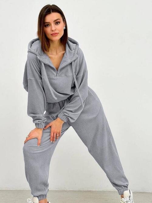 Half Zip Drawstring Hoodie and Pants Set | Polyester Set With Waistband Pants