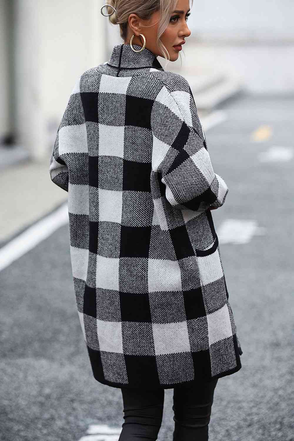 Plaid Dropped Shoulder Cardigan with Pocket | Checkered Open Frond Cardigan