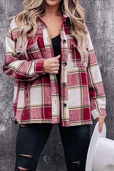 Plaid Pocketed Dropped Shoulder Coat | Casual Buttoned Coat With Collar Neck