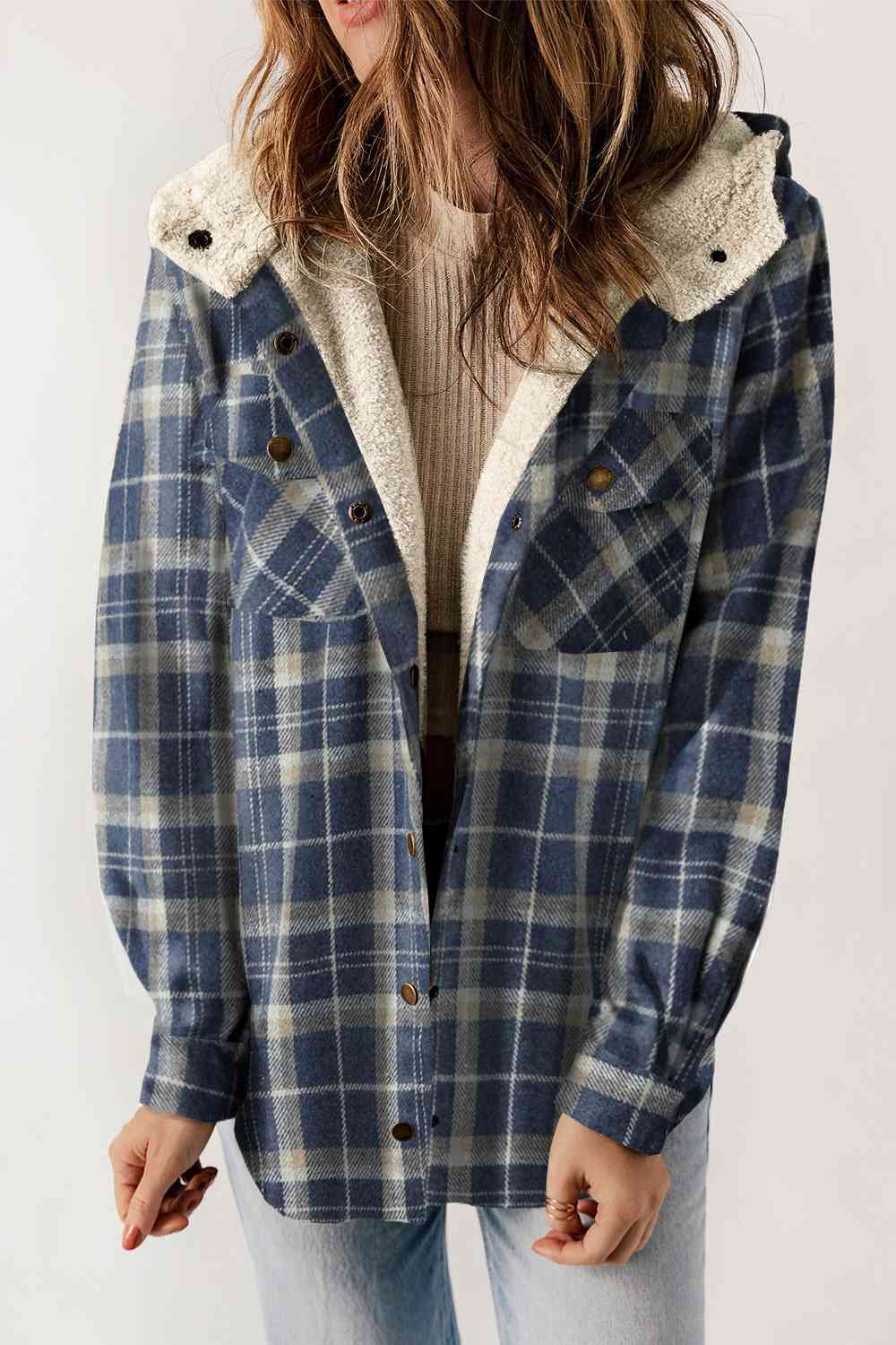 Plaid Snap Down Hooded Jacket | Casual Pocketed Jacket With Long Sleeves