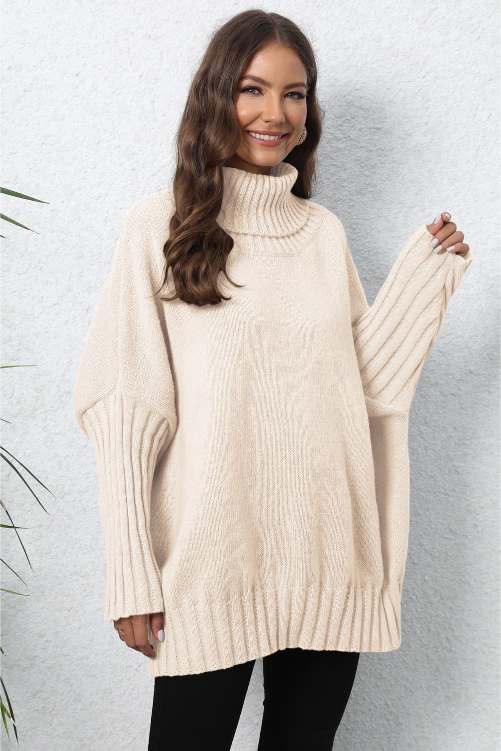 Turtle Neck Long Sleeve Ribbed Sweater | Casual Dolman Sleeve Ribbed Hem Sweater