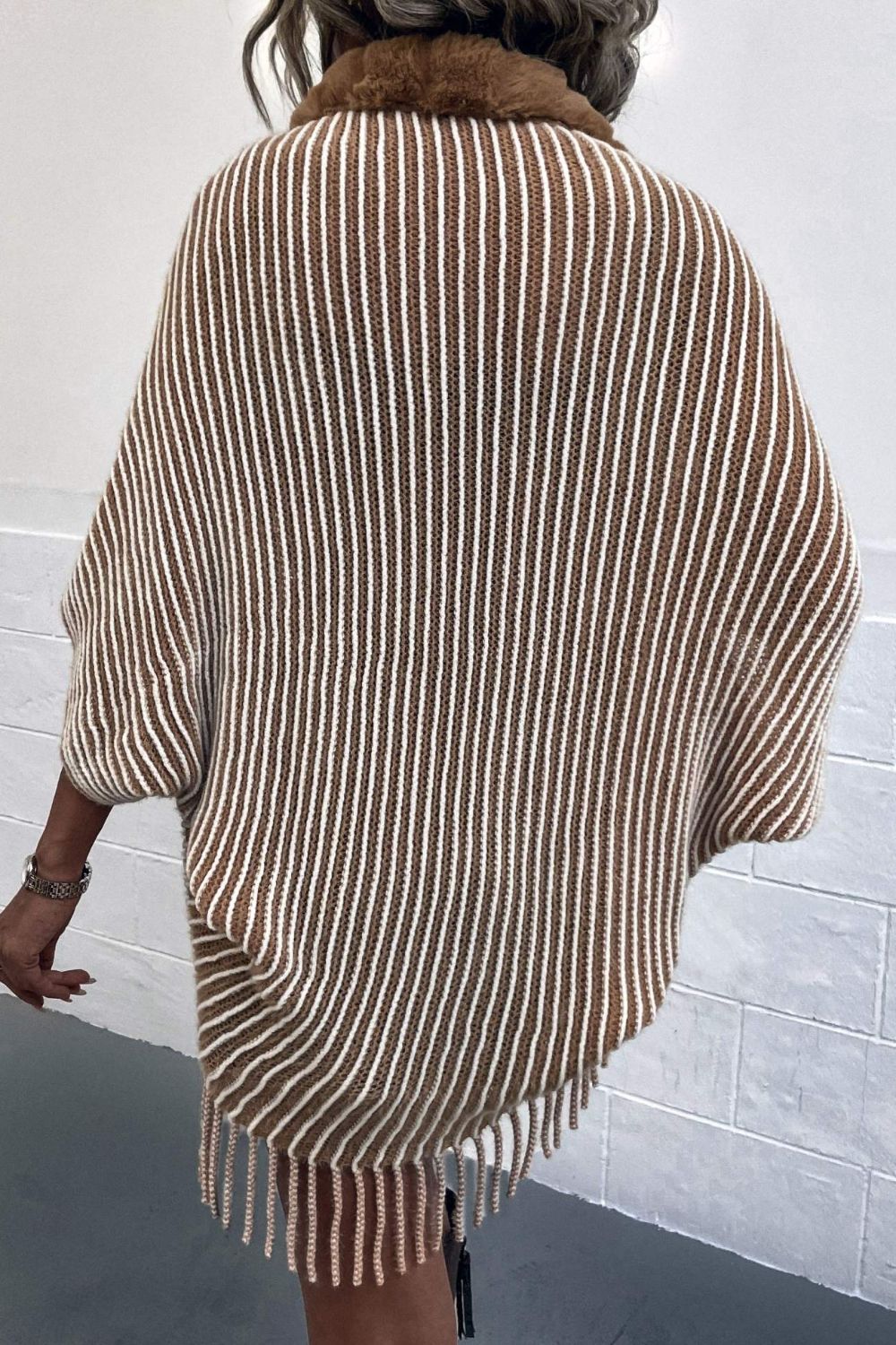 Striped Open Front Fringe Poncho | Casual Woman's Stretchy Polyester Poncho